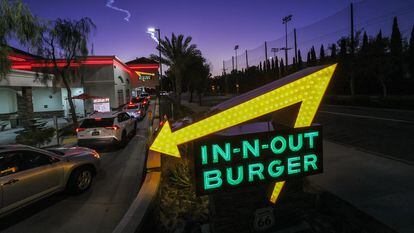 An In-N-Out restaurant in Azusa, California, just off Route 66, on Monday night, April 1, 2024.