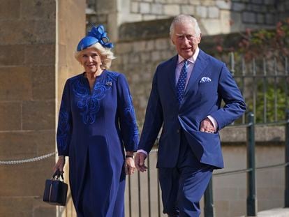 Britain's King Charles III and Camilla, the Queen Consort attend the Easter Mattins Service at St George's Chapel at Windsor Castle in Windsor, England, Sunday April 9, 2023