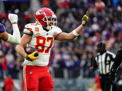 Kansas City Chiefs tight end Travis Kelce reacts after a catch from a pass by Kansas City Chiefs quarterback Patrick Mahomes against the Baltimore Ravens, in Baltimore, Maryland, on January 28.