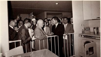 Richard Nixon explains the conveniences of a modern American home while Nikita Khrushchev and Leonid Brezhnev listen skeptically; American National Exhibition in Moscow, July 24, 1959.