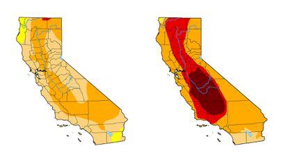 These maps show a reduction in the severity of the drought in the state of California. Left: data from January 12. Right: data from October 2022.