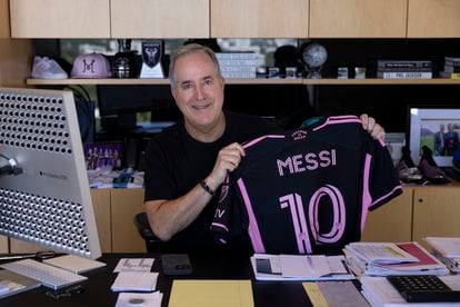 Inter Miami owner and director Jorge Mas in his Coral Gables office with a preliminary design of Lionel Messi's new jersey