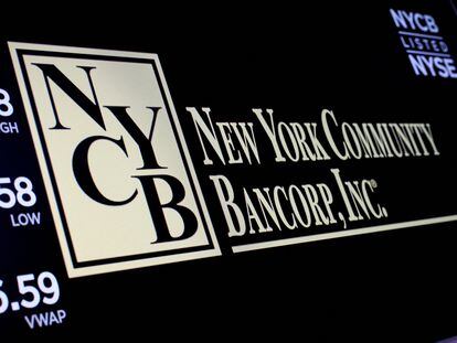 A screen displays the trading information for New York Community Bancorp on the floor at the New York Stock Exchange (NYSE) in New York City, U.S., January 31, 2024.