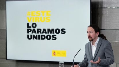 Deputy PM Pablo Iglesias at the news conference on Tuesday.