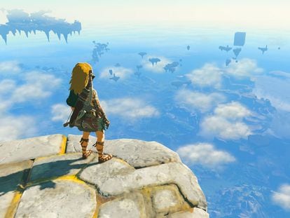 Link, the hero of 'Tears of the Kingdom,' on one of the floating islands worked into the new game’s extensive map.