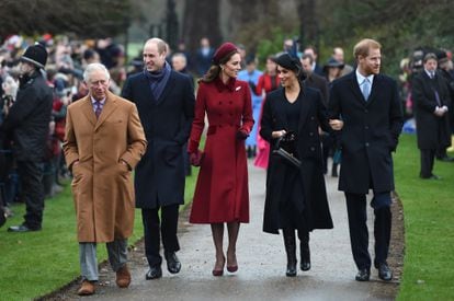 Prince Harry and Meghan Markle with Kate Middleton, Prince William and then Prince Charles at a Christmas Day church service in 2018.