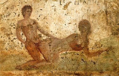 Fresco with an erotic scene in Pompeii.