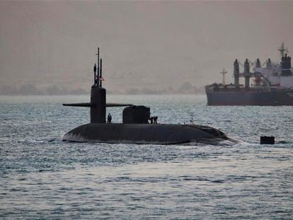 This photo released by the US Navy show a guided-missile submarine capable of carrying up to 154 Tomahawk missiles. The Navy said nuclear-powered submarine, based out of Kings Bay, Georgia, passed through the Suez Canal on Friday, April 7, 2023.