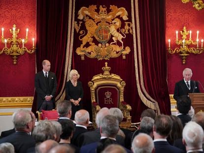 Prince William, Camilla, the Queen Consort and King Charles III in the Throne Room during the Accession Council.