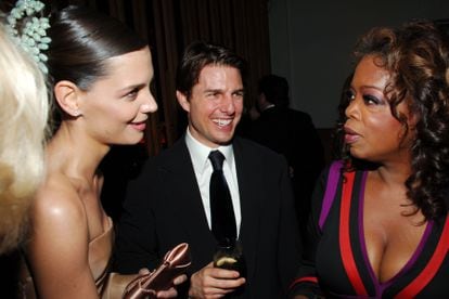 Katie Holmes, Tom Cruise and Oprah Winfrey at the Vanity Fair post-Oscars party in 2007. 