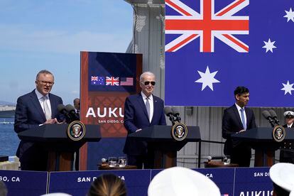 President Joe Biden speaks after meeting with British Prime Minister Rishi Sunak  and Australian Prime Minister Anthony Albanese at Naval Base Point Loma, on March 13, 2023, in San Diego.