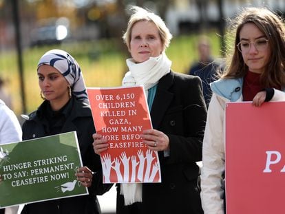 Actress Cynthia Nixon (c) announces a hunger strike to call for a ceasefire in Gaza, at the White House, November 27.