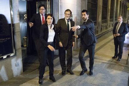 Mariano Rajoy leaves a restaurant in Madrid where he had spent the entire afternoon.