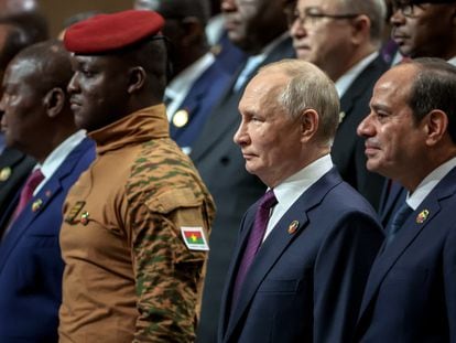Captain Ibrahim Traoré, president of Burkina Faso, and Russian leader Vladimir Putin, together with President Abdel Fattah el-Sisi of Egypt during the Africa-Russia summit on July 28, 2023, in Saint Petersburg.