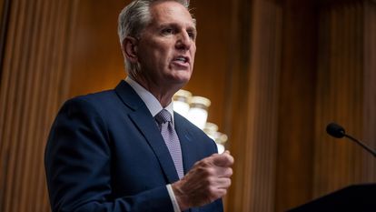 Rep. Kevin McCarthy responds to a question from the news media in the U.S. Capitol, October 9, 2023.