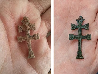 Two images of the Caravaca cross found in the ruins of a British settlement in Maryland.