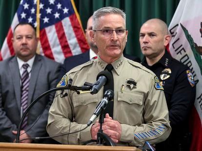 Tulare County Sheriff Mike Boudreaux announces the arrests of two suspects in the Jan. 16 homicide of six people in Goshen, Calif., during a news conference in Visalia, Calif., Friday, Feb. 3, 2023.