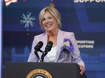 First lady Jill Biden speaks during an event with the National Education Association in the South Court Auditorium on the White House campus, Tuesday, July 4, 2023, in Washington.
