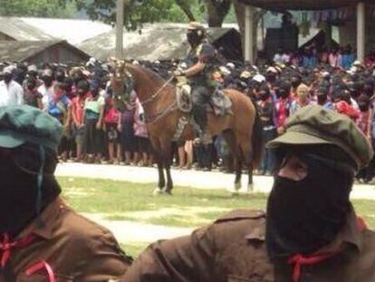Marcos on horseback as he pays homage to Galeano.