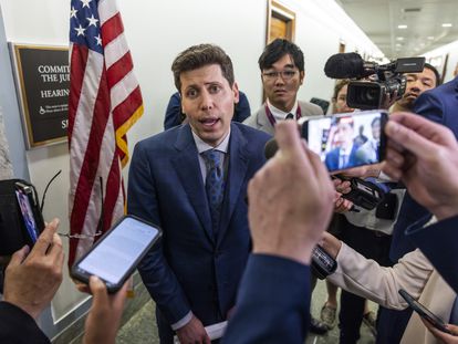 Sam Altman, the CEO of OpenAI, the company that developed ChatGPT, speaks with journalists after testifying before the U.S. Senate, on May 16, 2023.