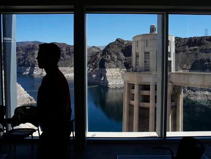 People attend a news conference on Lake Mead at Hoover Dam, April 11, 2023, near Boulder City, Nevada.