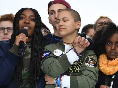 Survivors of the 2017 school shooting in Parkland speak during a March for Our Lives demonstration in Washington DC.