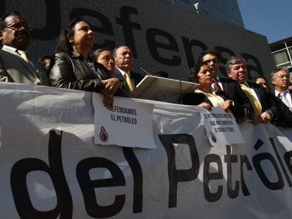 PRD officials and supporters hold a protest Tuesday in Mexico City against the government&rsquo;s proposed energy reform.