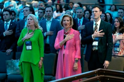 Attendees at the Faith and Freedom rally in Washington sing the national anthem at the start of Friday’s session. Ralph Reed, the organization’s president, is on the right.