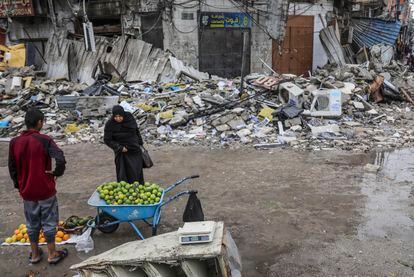 A woman inspects fruit being sold by a street vendor in Gaza City, November 27. 