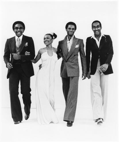 Bernard Edwards, Norma Jean Wright, Nile Rodgers and Tony Thompson, the members of Chic, in a 1977 photograph.