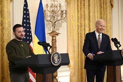 US President Joe Biden and Ukraine's President Volodymyr Zelenskiy hold a press conference in the White House on Wednesday.