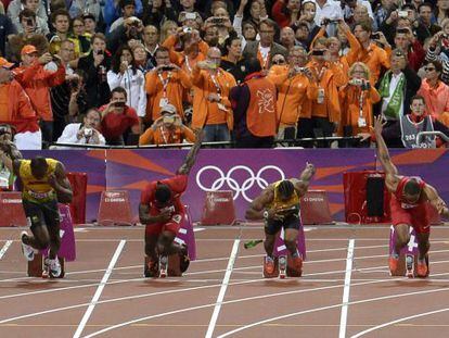 From left, Jamaica&#039;s Usain Bolt, United States&#039; Justin Gatlin, Jamaica&#039;s Yohan Blake and United States&#039; Tyson Gay start in the men&#039;s 100-meter final. 