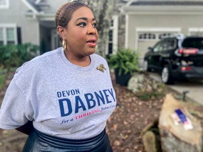 Devon Dabney, a candidate for city council in Johns Creek, Ga., stands outside her home and discusses her candidacy on Monday, Oct. 23, 2023.