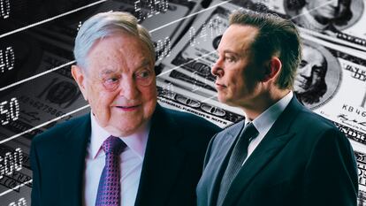 Tesla owner Elon Musk (r) has lashed out against George Soros on Twitter.