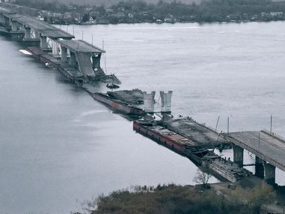 A view of the damaged Antonovsky bridge over the Dnieper river in Kherson, Ukraine.