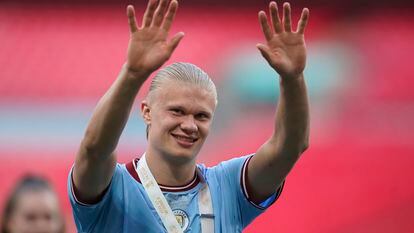 Manchester City's Erling Haaland celebrates winning the English FA Cup final soccer match between Manchester City and Manchester United at Wembley Stadium in London, on June 3, 2023.