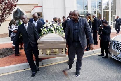 The casket of Irvo Otieno is carried out of First Baptist Church of South Richmond after the celebration of life for Irvo Otieno in North Chesterfield, Va., on Wednesday, March 29, 2023