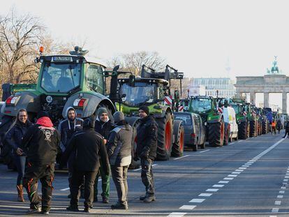 German farmers protesting on Monday in front of the Brandenburg Gate, in the center of Berlin.