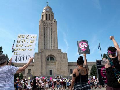 Protesters line the street around the front of the Nebraska State Capitol during an Abortion Rights Rally held on July 4, 2022, in Lincoln, Neb.