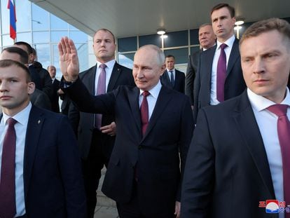 Russia's President Vladimir Putin waves on September 13, 2023.