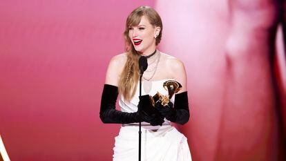 Taylor Swift at the Grammy Awards, collecting the award for best pop album, seconds before announcing the release of 'The Tortured Poets Department', in Los Angeles, California, on February 4, 2024.
