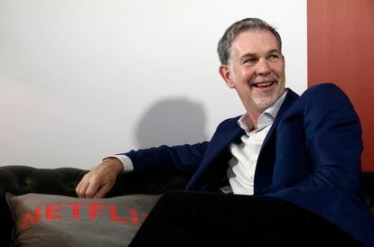 Netflix founder and CEO Reed Hastings smiles during an interview in Barcelona, Spain, Feb. 28, 2017.