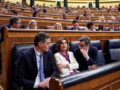 Spanish Prime Minister Pedro Sanchez, First Deputy Prime Minister Maria Jesus Montero and Minister for the Presidency, Justice and Parliamentary Relations Felix Bolanos attend a debate on the legislative proposal to grant amnesty to those involved in Catalonia's failed independence bid in 2017, in Madrid, Spain January 30, 2024.