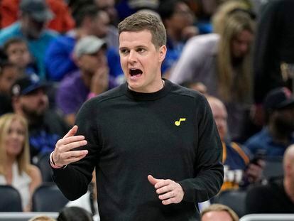 Utah Jazz head coach Will Hardy directs his team during the first half of an NBA basketball game against the Orlando Magic, Thursday, March 9, 2023, in Orlando, Fla.
