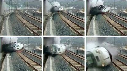 The high-speed train derailed and slammed against a wall.