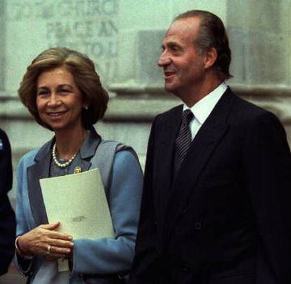 Spain's King Juan Carlos and Queen Sofia in London in 1997 for the Golden Wedding Anniversary of Queen Elizabeth II and Prince Philip.