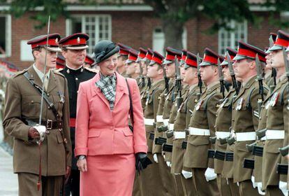 Queen Margrethe II of Denmark inspects a guard of honour during her vist to the 1st. Battalion of the Princess of Wales's Royal Regt, during a vist to Howe barracks at Canterbury in her role as Allied Colonel in Chief.
