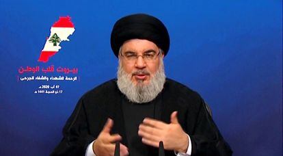 Hezbollah leader Sayyed Hassan Nasrallah gives a televised speech, on August 7, 2020.