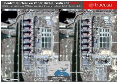 (l) A photo by Sentinel-2 of the Zaporizhzhia Nuclear Power Station. (r) The same photo at higher resolution thanks to SENX4 technology.
