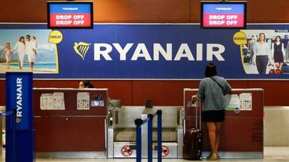Ryanair counter at the El Prat airport in Barcelona.